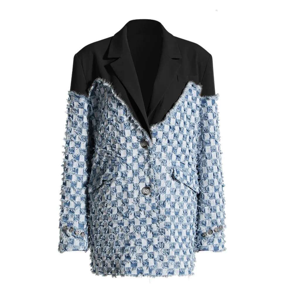 CHICEVER Colorblock Washed Spliced Raw Edge Blazer For Women Notched Collar Long Sleeve Fashion Designer Coat With Pocket Female