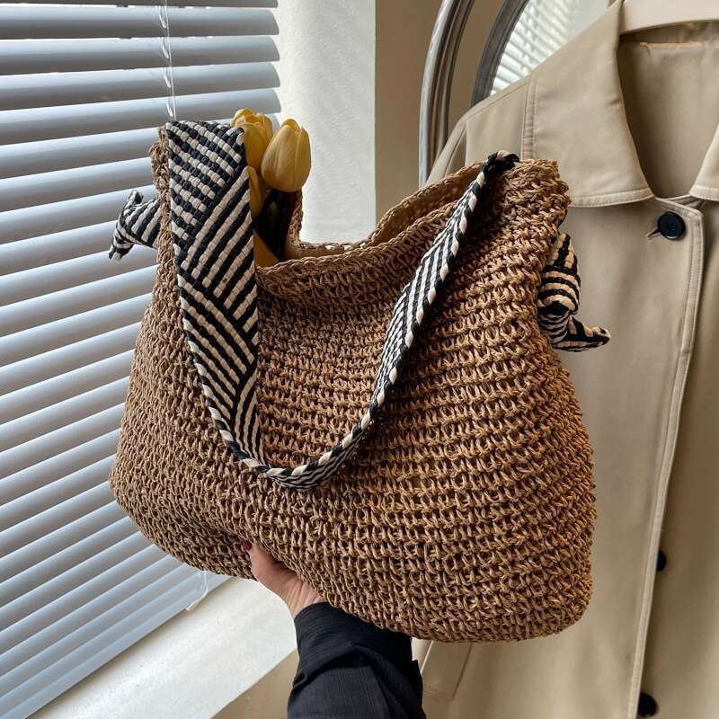Ins Style Resort Beach Bag Large Capacity Grass For Women S Summer New Lazy Style Single Shoulder Commuting Tote Beach Vacation Woven Bag KQ