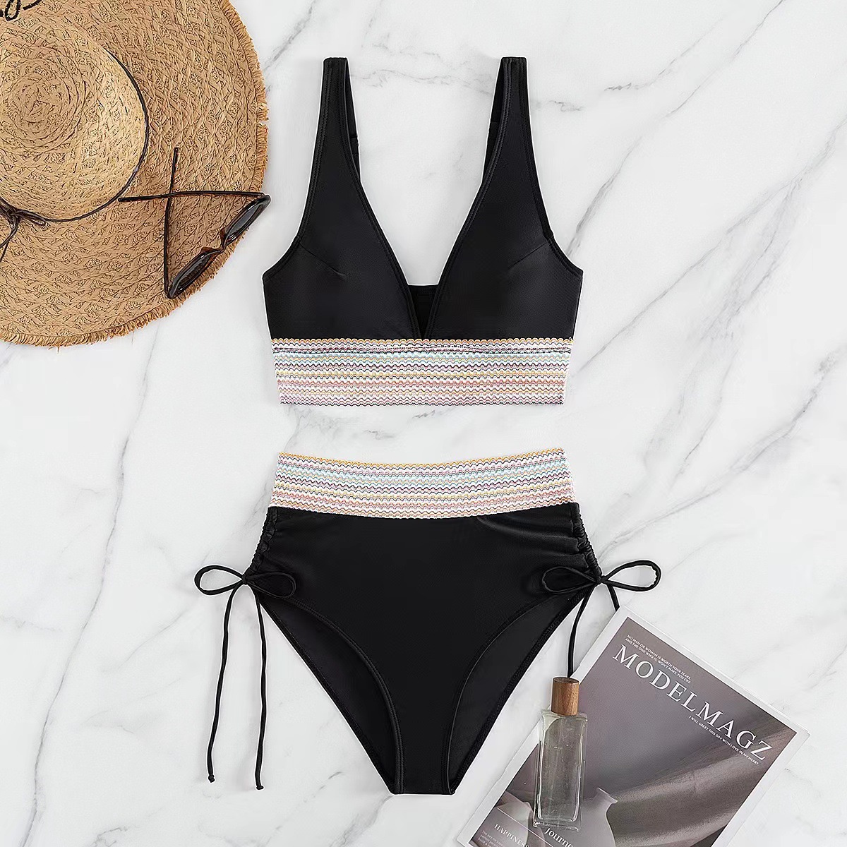 Color Blocked Athletic Swimming Costume Featuring Adjustable Drawstring Detailing