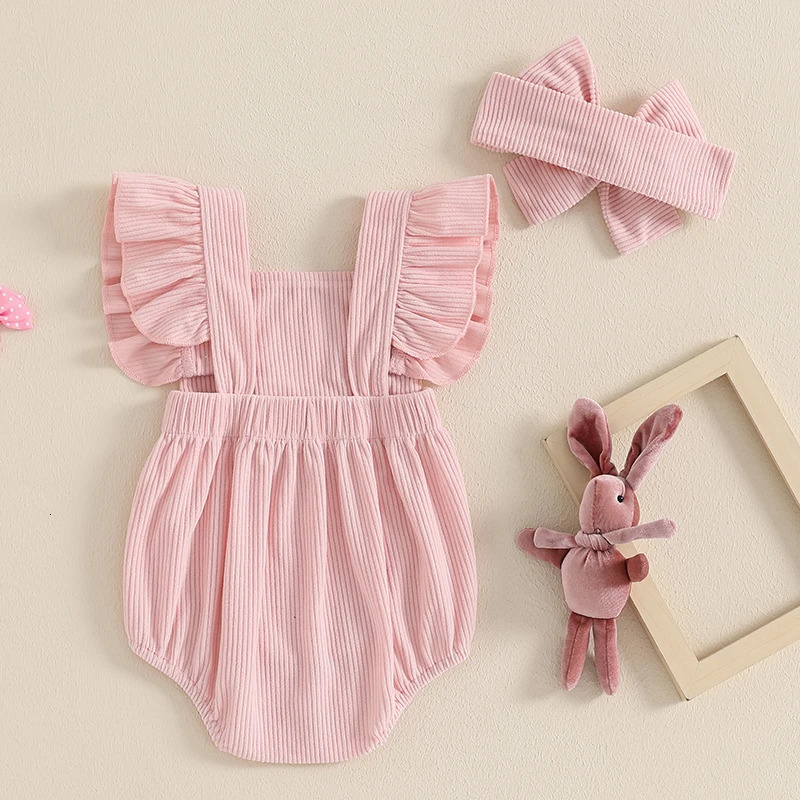 Baby Girls Rompers Easter Clothes Rabbit Embroidery Fly Sleeve Infant Bodysuits Jumpsuits with Headband 250422bj