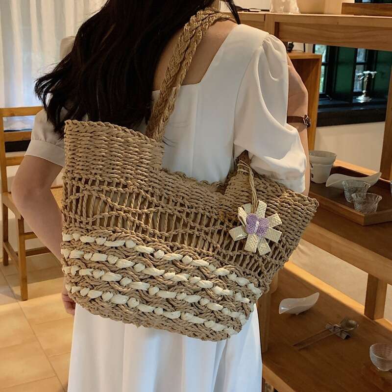 Ins Style Resort Beach Bag Woven Straw For Women With Large Capacity New Summer Pastoral Seaside Tourism Beach Bag Single Shoulder Tote Bag KQ