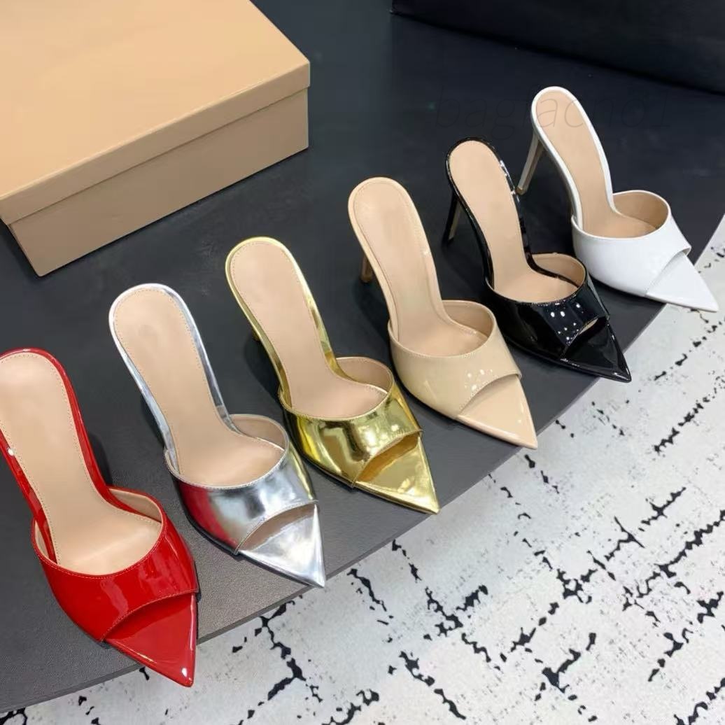 Top quality Golden red High-heels mules shoe slippers sandas for womens 8.5cm 10.5cm slip on open toes Luxury designer heels minimalism Office Evening party shoes