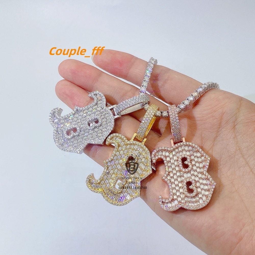 Fine Jewelry Fashion Iced Out baguette Big Letter B Hip Hop Moissanite Diamond Initial Pendant