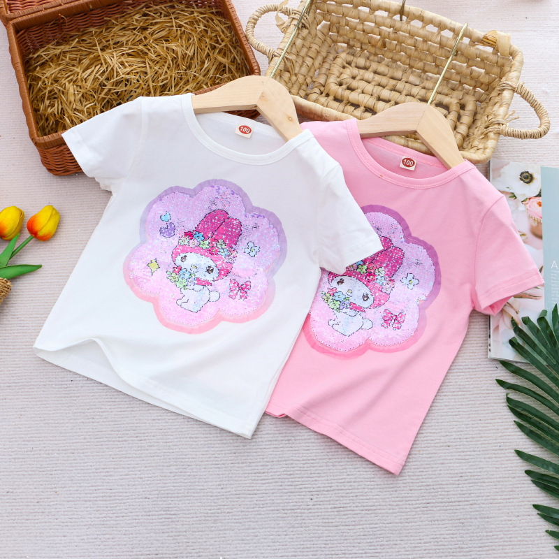 DISNEY Kids designer clothes children's summer clothes women's short-sleeved T-shirt cartoon color-changing sequin cotton base casual top.