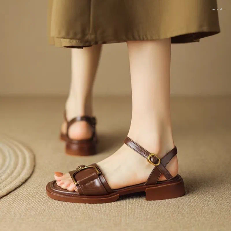 Sandals Open Toed For Women In Summer Square Toe Brown Versatile Anti Slip Low Heel Shoes Retro One-Piece Strap Women's