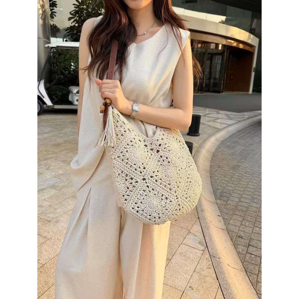 Ins Style Resort Beach Bag Summer New Wax Rope Woven Large Capacity Water Bucket Seaside Vacation Tote Bag Lazy Style Fashionable Big Bag KQ