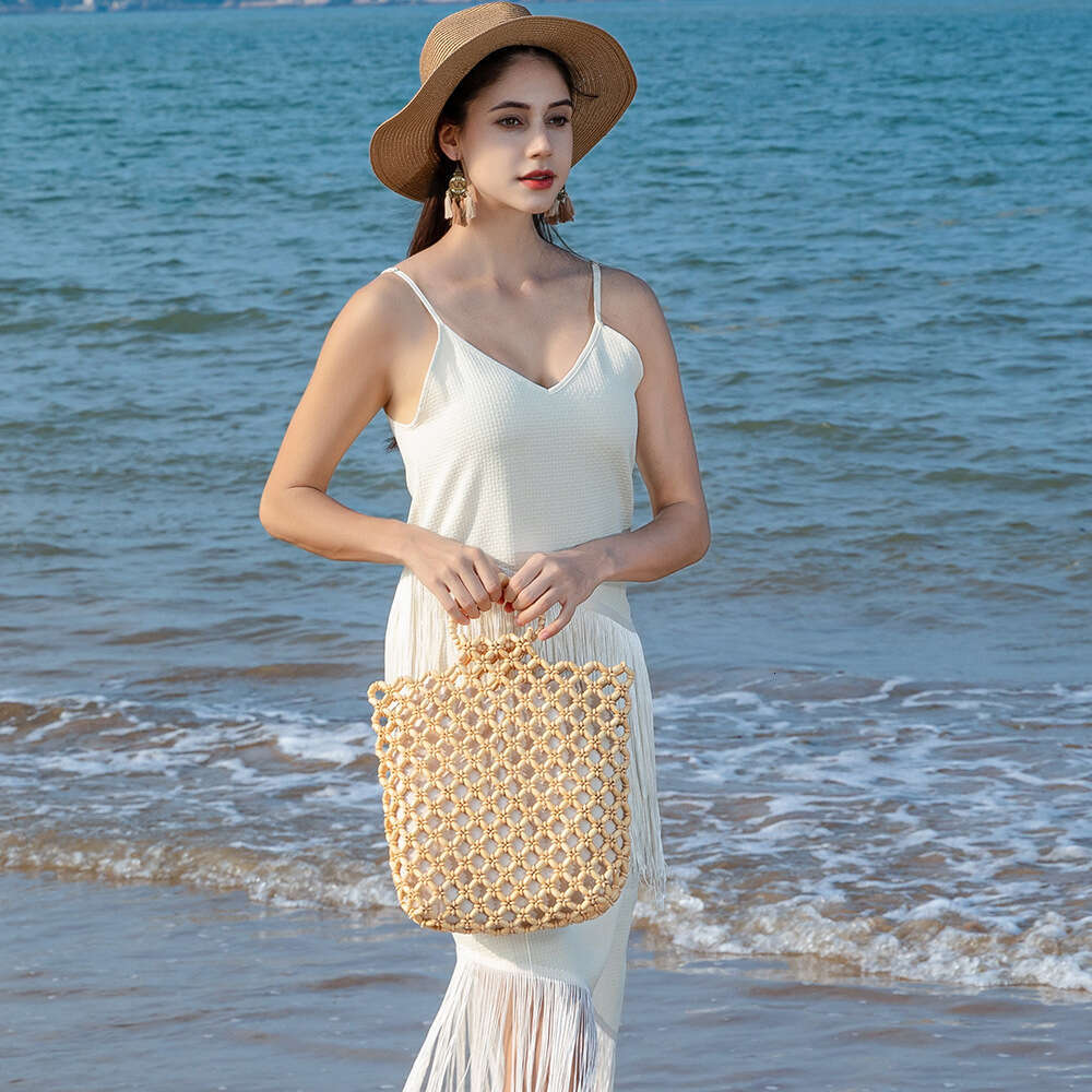 Ins Style Resort Beach Bag OLEI Large Capacity Handbag Beach Travel Wooden Bead Vacation Woven Bag For Women KQ