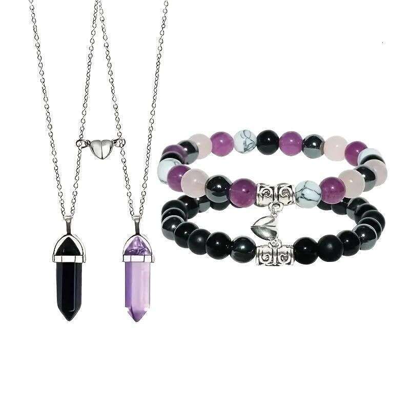 Jewelry Set 4-piece Natural Stone Couple Love Magnet Mutual Attraction Bracelet Hexagonal Column Necklace