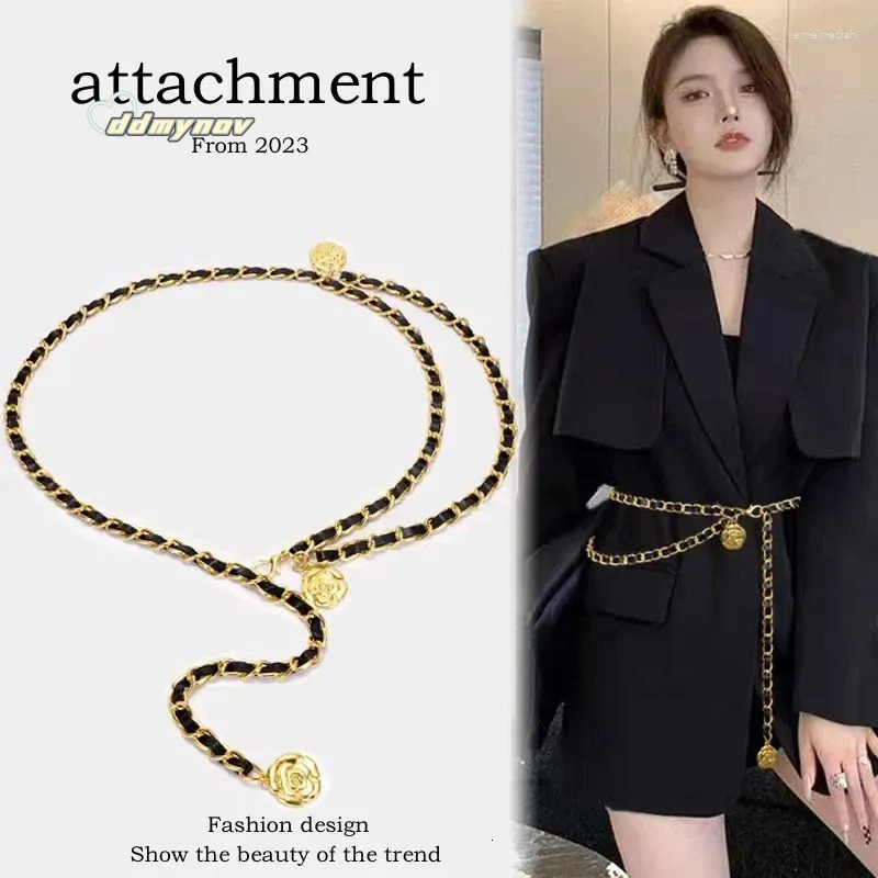 Chain Belts for Women Fashion Waist Belt with Metal Camellia, Versatile Dress Accessories ddmynov
