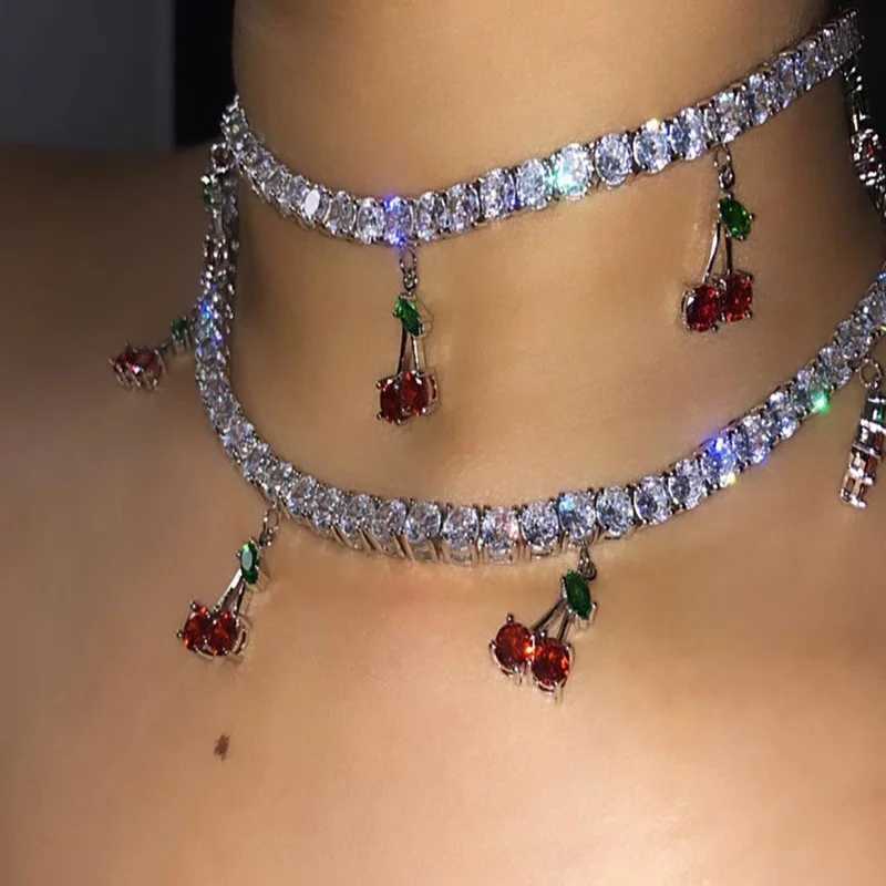 YWZIXLN Boho Bling rhinestone cherry pendant fashion necklace Bijoux chain necklace crystal necklace girl hip-hop jewelry N083XJ250422