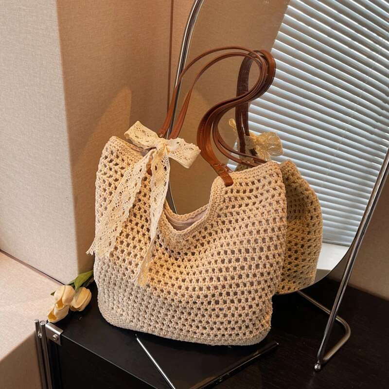 Lace Bow Knitted Shoulder Shopping for Women Vintage Cotton Cloth Girls Tote Shopper Large Female Handbag Crochet Bag ddmymoon