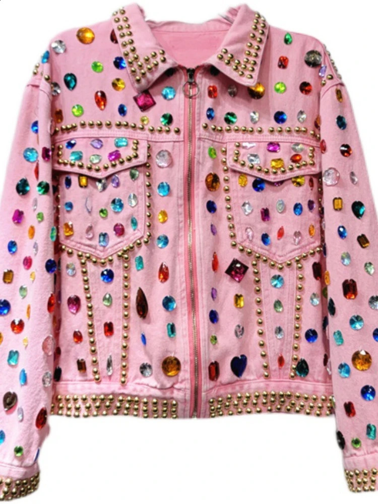 Womens rainbow diamond bead pink denim jacket loose rhinestone long sleeved crystal cardigan rivet top 250423