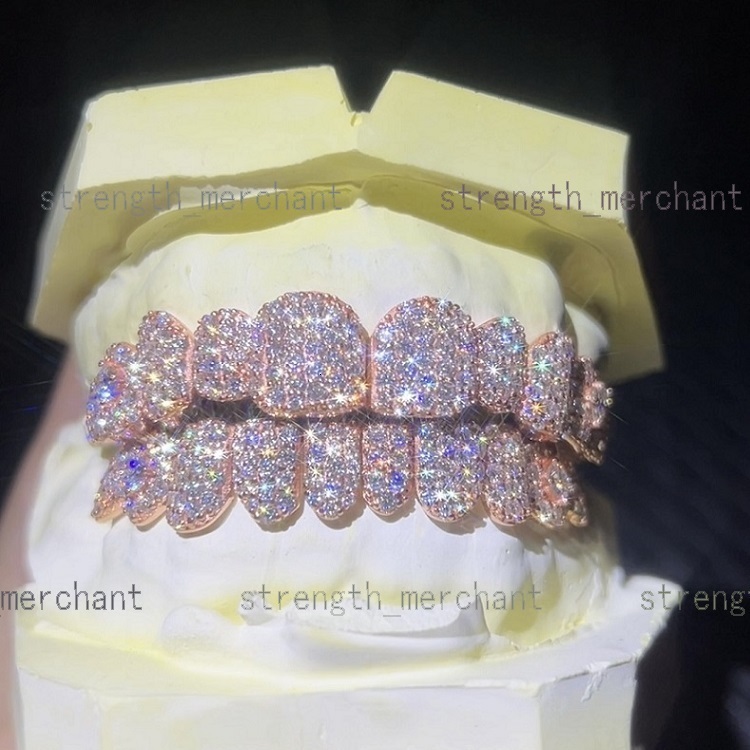 Hip Hop Rose Gold Plated Grillz Iced Out Diamond Teeth Top 10 Bottom 10 S925 Sterling Sliver VVS Moissanite Grillz Factory Price