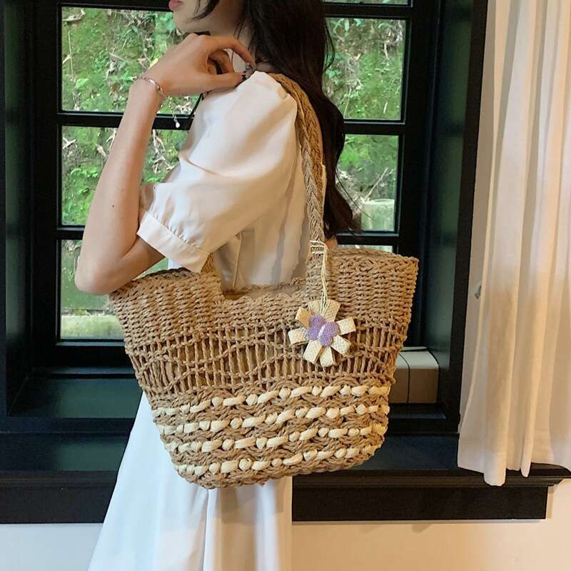 Ins Style Resort Beach Bag Woven Straw For Women With Large Capacity New Summer Pastoral Seaside Tourism Beach Bag Single Shoulder Tote Bag KQ