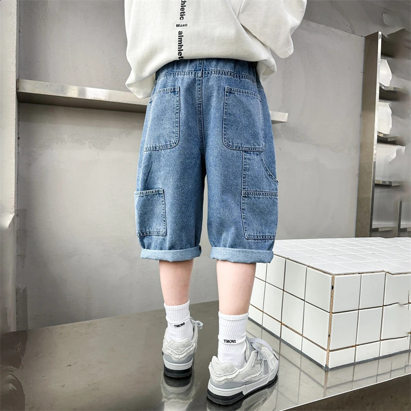 Boys Work Shorts 2025 Summer Jeans Fashion Denim Middle Pants Multi Pocket Cutting 515 Years Old 250414z