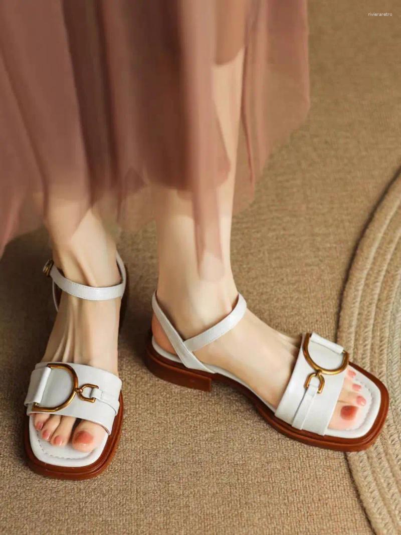 Sandals Open Toed For Women In Summer Square Toe Brown Versatile Anti Slip Low Heel Shoes Retro One-Piece Strap Women's