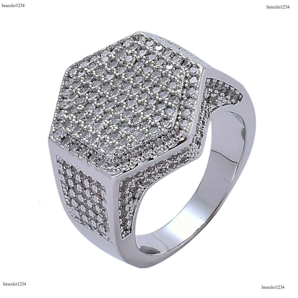 Luxury designer Hexagonal Ice Out VVS Moissanite Ring for Men Hip Hop Ring with free shipping