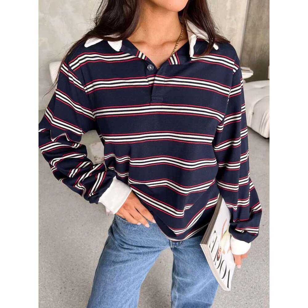 Designer Women's Clothing 2025 Spring New Striped T-Shirt Collar Long Sleeve T-Shirts Casual Fashion Top Shirt Designer's Bag