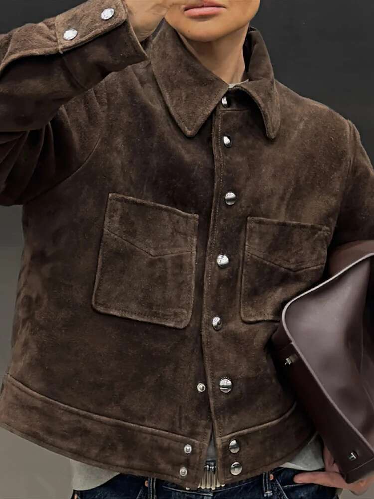 Retro Suede Jacket Women Lapel Full Sleeves Single Breasted Pockets Jackets Female Spring Summer Casual Vintage Lady Coat