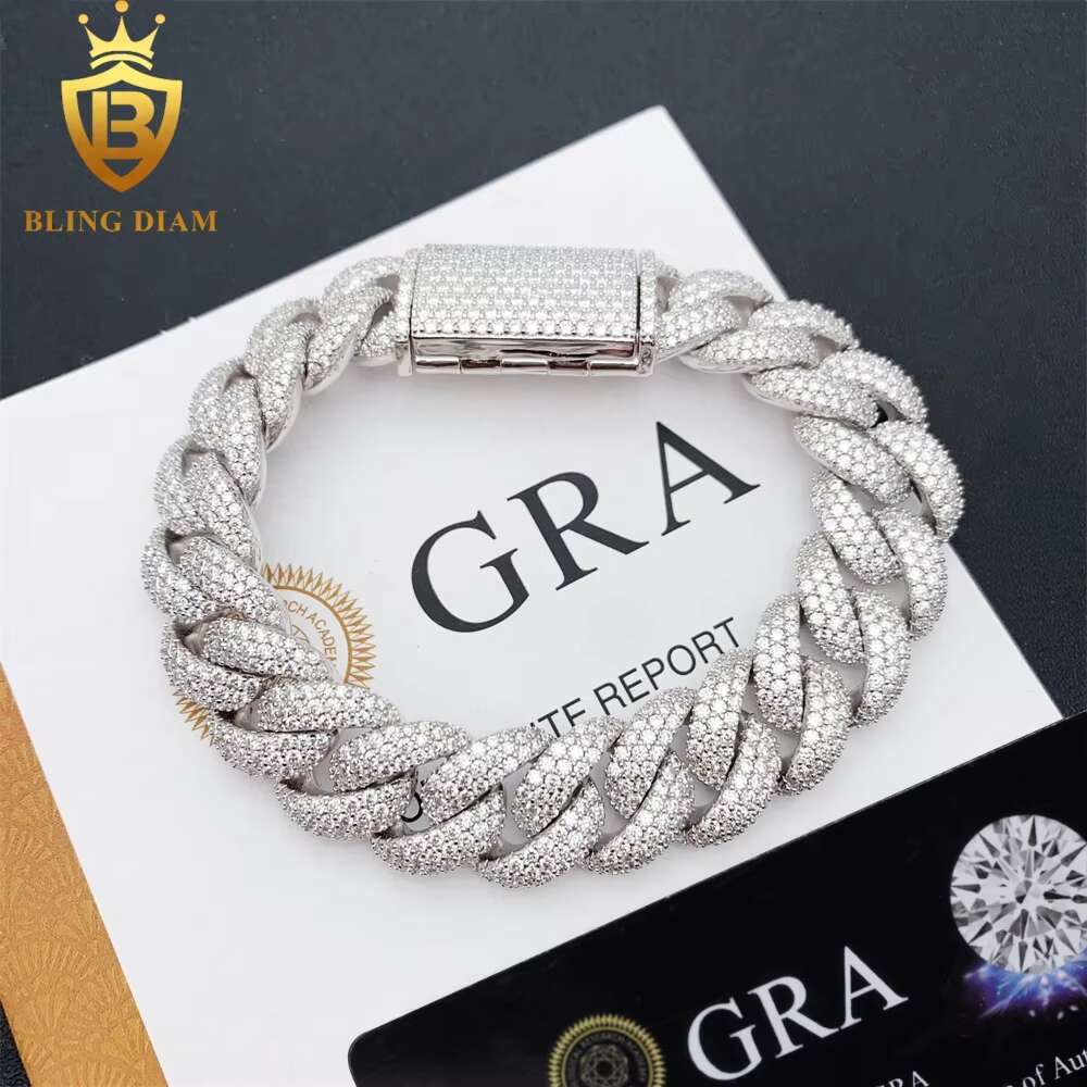 3 Row Iced Out Hip Hop 15mm Cuban Link Chain Bracelet Necklace Sterling Sier VVS Moissanite Pass Dia Tester