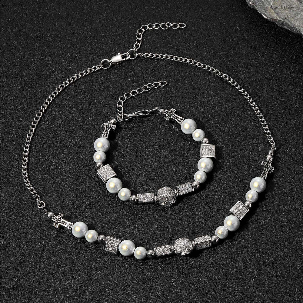 Luxury designer sterling silver cross necklace, pearl copper inlaid ice out VVS Moissanite hip Hop necklace bracelet for men and women Free delivery