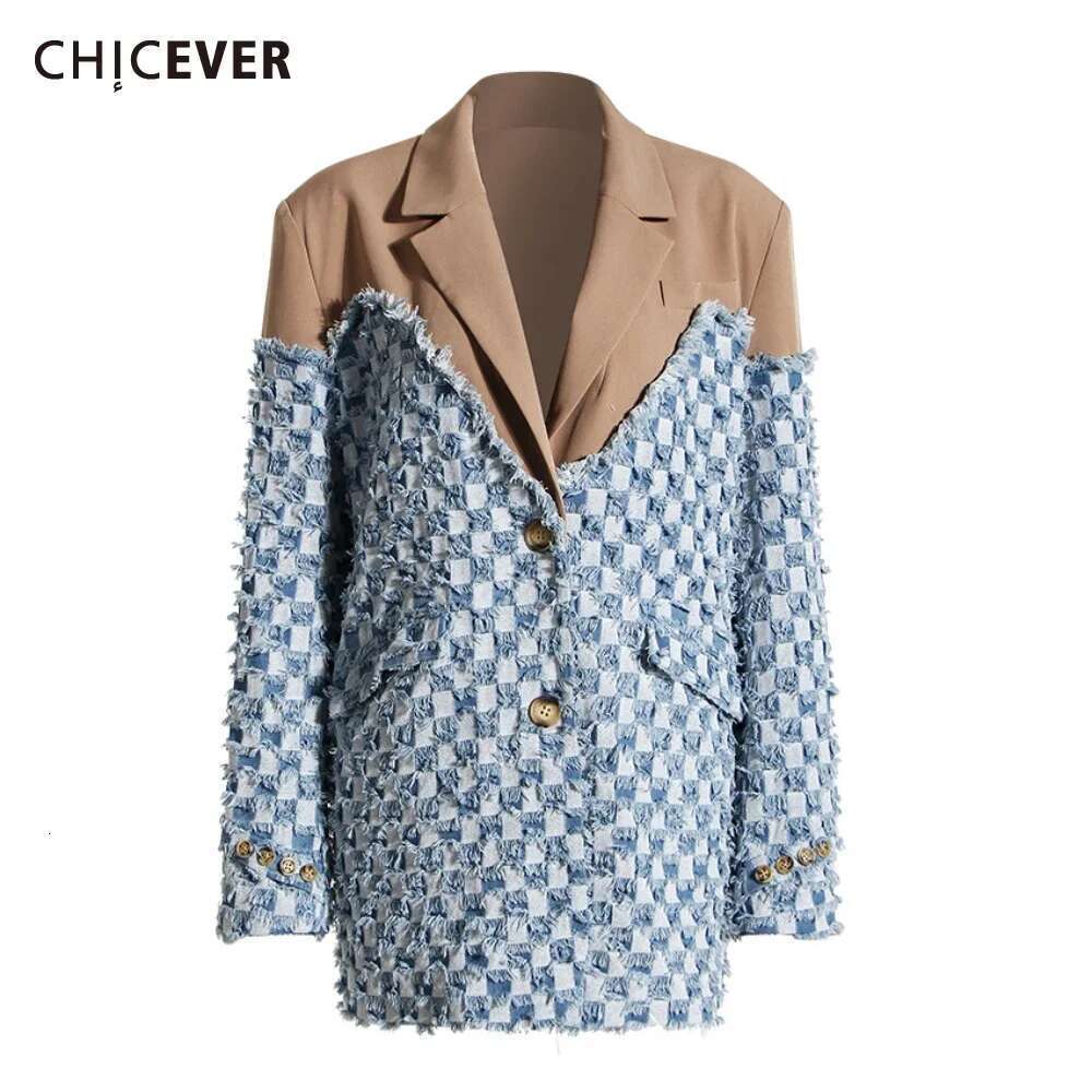CHICEVER Colorblock Washed Spliced Raw Edge Blazer For Women Notched Collar Long Sleeve Fashion Designer Coat With Pocket Female