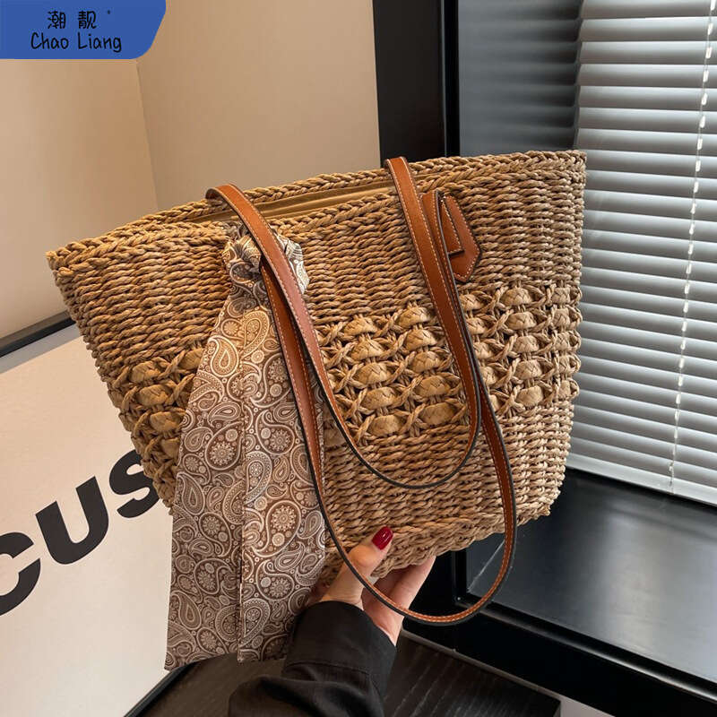 Ins Style Resort Beach Bag Large Capacity Straw Women New Style Trendy Summer Versatile Woven Single Shoulder Tote Bag For Beach Vacation Sand KQ