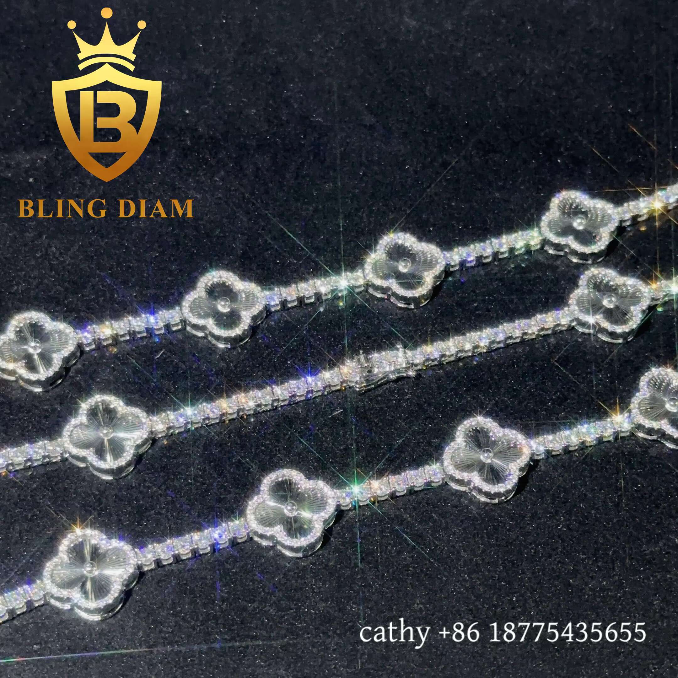 Fashion Iced Out Four Leaf Flower Moissanite Tennis Chain Bracelet 925 Sterling Silver 3mm Charm Moissanite Bracelet Pass test