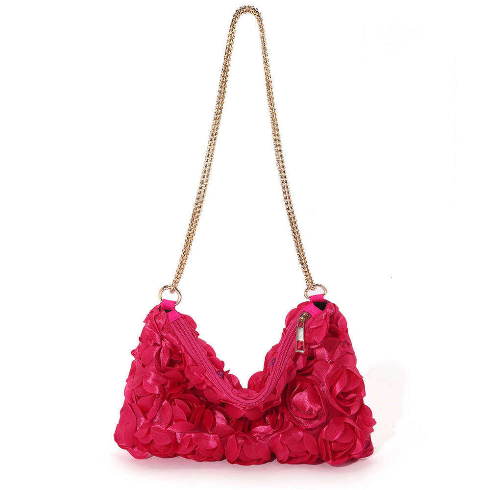A Niche Three-Dimensional Rose Blossom Sequin Colored Ding Chain Zipper Underarm Crescent Shaped Women's Dinner Bag