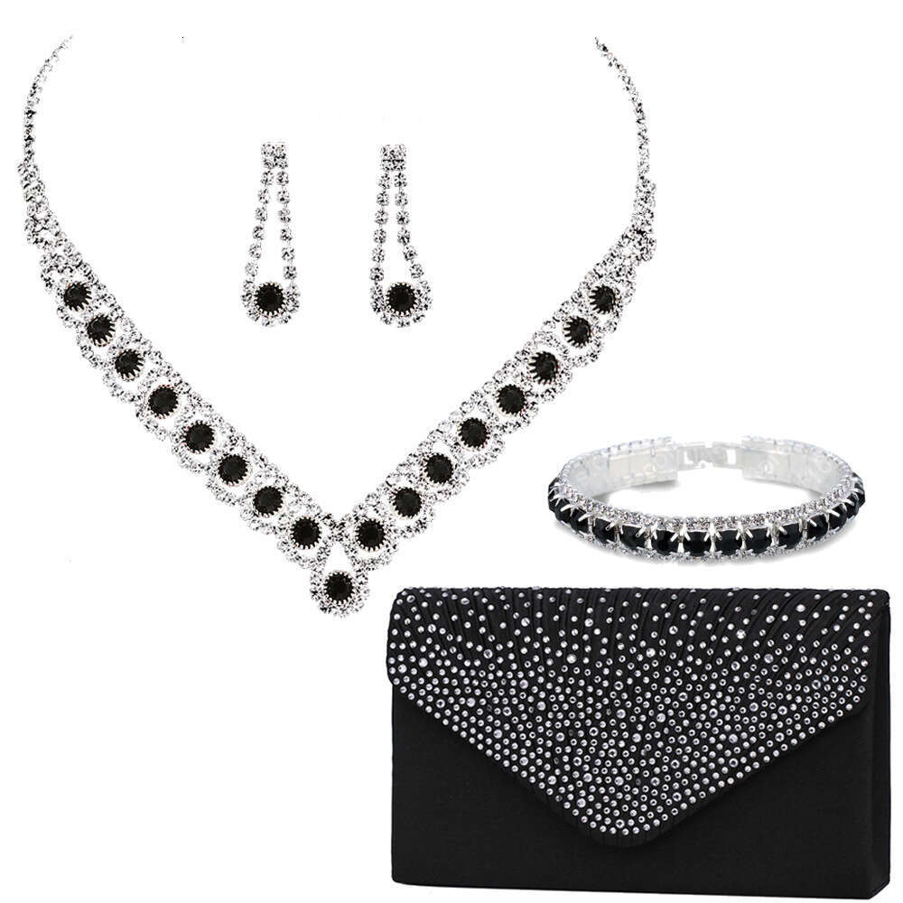 Bridal Jewelry Set Of Four Blue Zircon Necklaces, Earrings, Bracelets, Satin Hot Diamonds, Handheld Bag, Dinner Bag