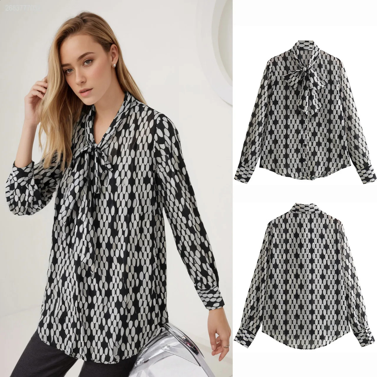 Autumn Womens Fashion Polka Dot Tie Blouse Women Vintage Long Sleeve Front Button Versatile Female Chic Top 250421