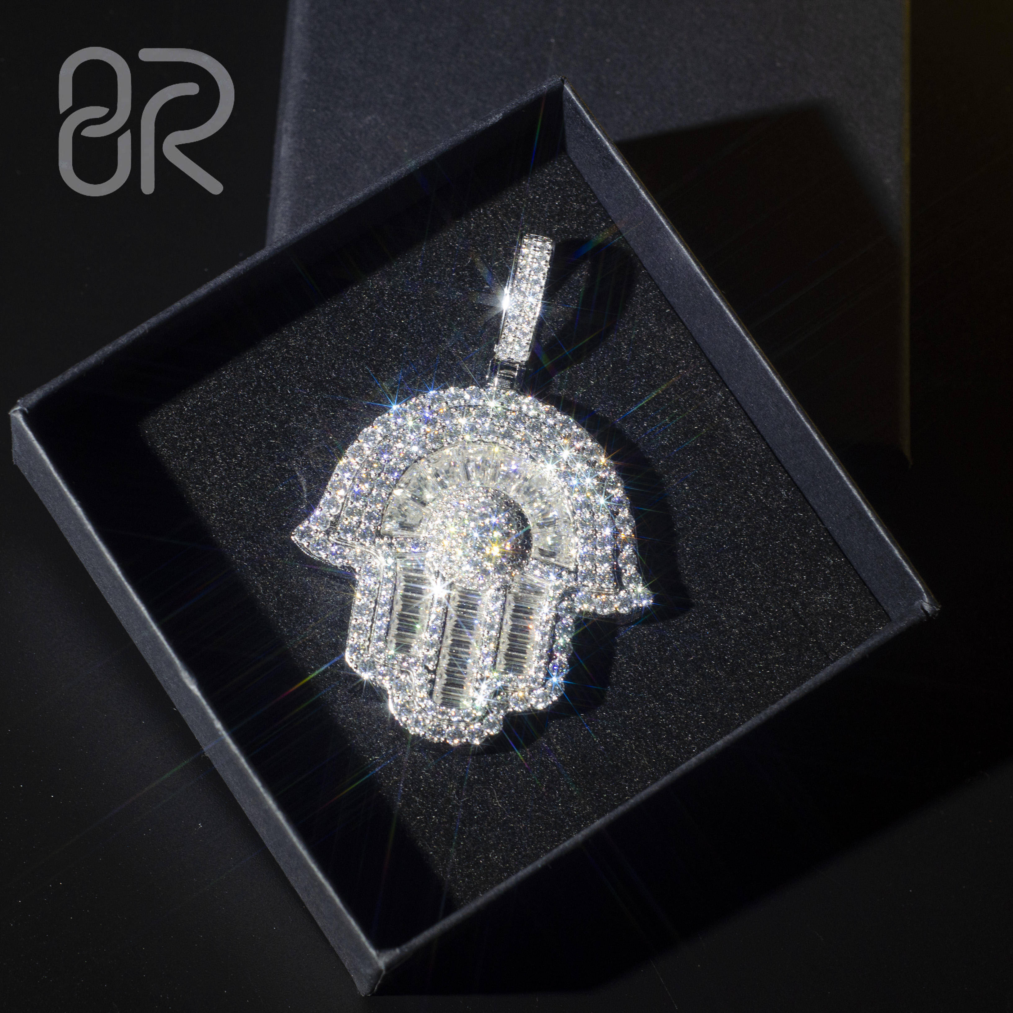 Pass Diamond Tester Wholesale Ice Out VVS Moissanite 925 Silver 15Inch Lucky Hamsa Hand Pendant Islam Hip Hop Men Necklace
