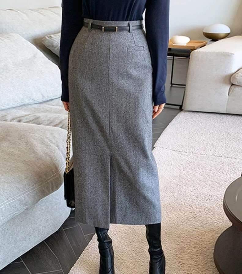 Elegant Women Striped Faux Wool Pencil Skirts Belted Autumn Winter Office Ladies Casual A-Line High Waist Midi Skirt L901a