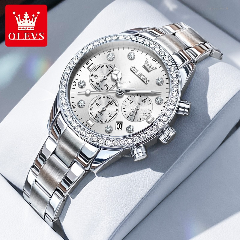 OLEVS Brand Designer Men's Diamond-encrusted Three-eye Fashion Trend In University-style Quartz Women's Watches Luxury Watches Free Delivery