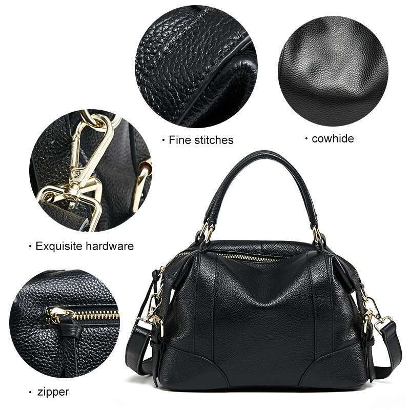 Aidrani New Women's Retro Handbag, Large Capacity Boston Bag, Made Of Cowhide Material, Black