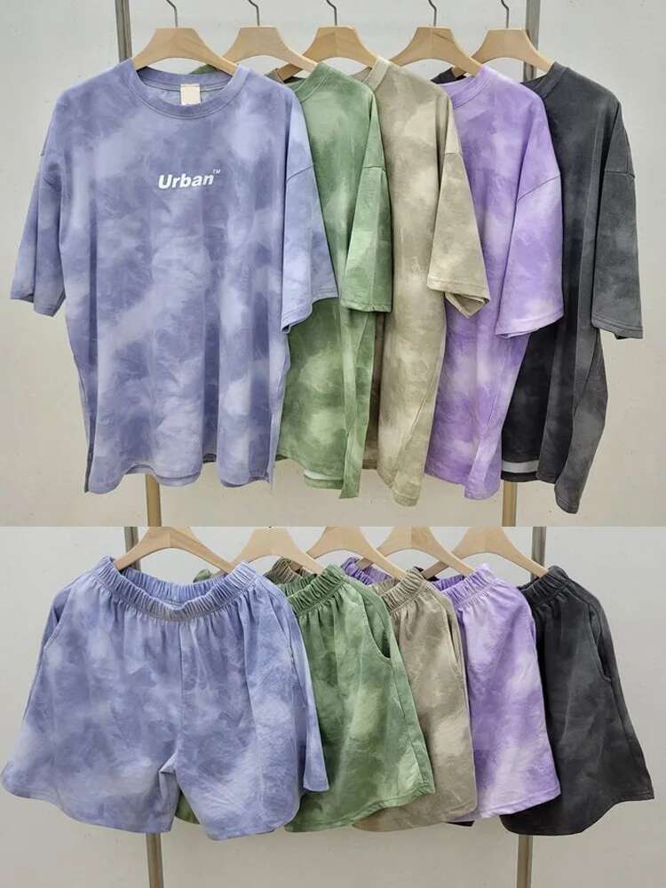 Women T-Shirt Suit Set Casual Tie Dye Loose Tshirt And Wide Leg Middle Shorts With Pockets Female Soft Summer Shorts Sets