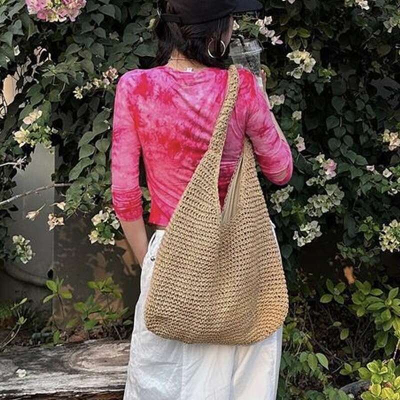 Ins Style Resort Beach Bag Large Capacity Crossbody Women S Summer Sail Cloth Vacation Beach Side Cm Single Shoulder Bag Straw Woven Bag KQ