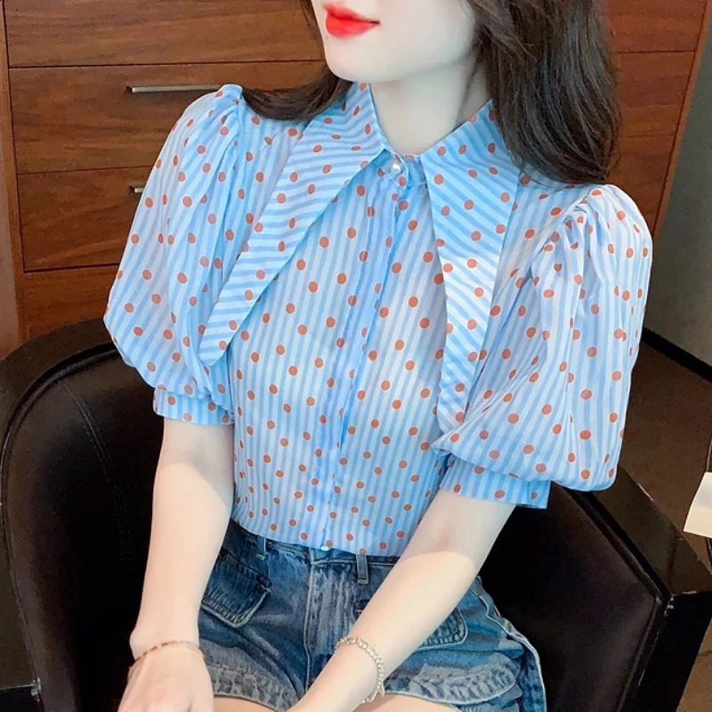 Fashion Summer Polka dot Print Elegant Shirts Loose Turn down Collar Short Puff Sleeve Blouses Vintage Casual Blue Tops 27484 250421