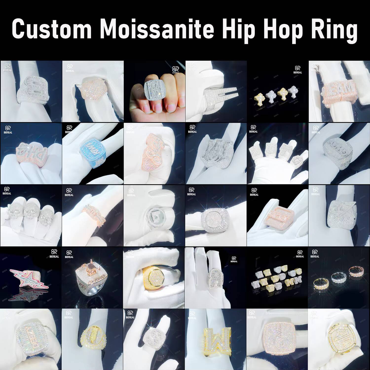 Custom Vvs Iced Out Moissanite Hip Hop Ring Pass Diamond Test 925 Silver 18K White Gold Plated Fine Jewelry Rings for Men