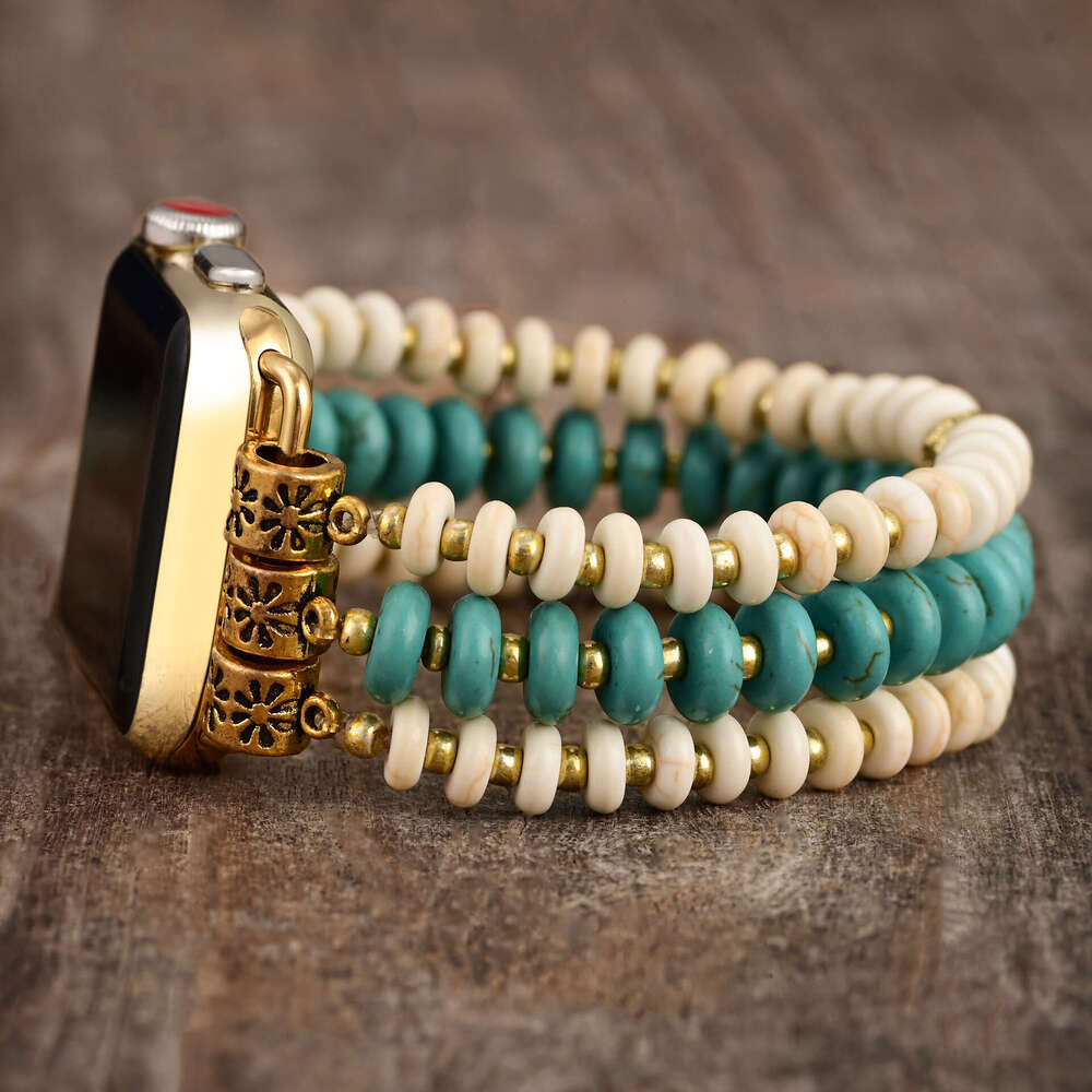 Blue and white pine strap, beaded apple elastic rope, watch strap with bohemian style