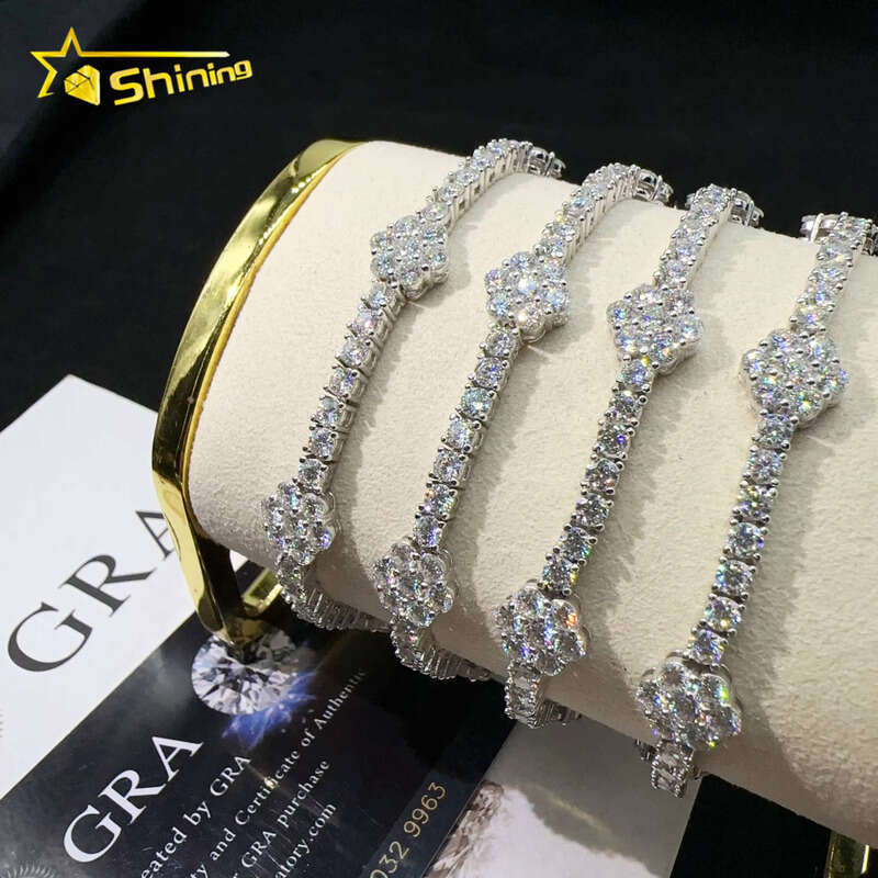 Wholesale Price Flower Silver 925 Lab VVS Moissanite VVS Silicon Stone Hip Hop Iced Out Jewelry Tennis Chain Bracelet
