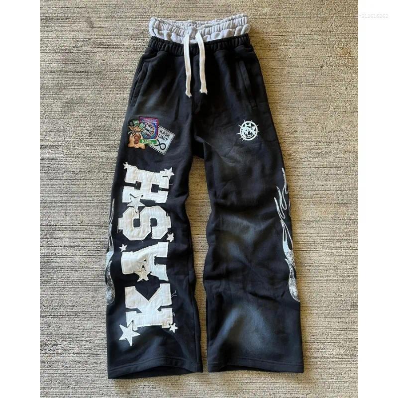 Men's Pants American Sweatpants Y2K Men Gothic Hip Hop Letter Patch Retro Double Layer Design Baggy Elastic Waist Jogging Casual