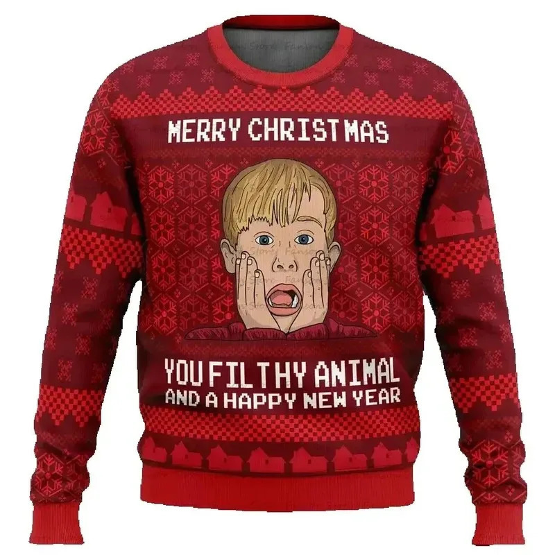 Merry Christmas alone at home Ugly Christmas sweater cartoon animation Mens pullover 2026 fashionable couple shirts Sweatshirt251120