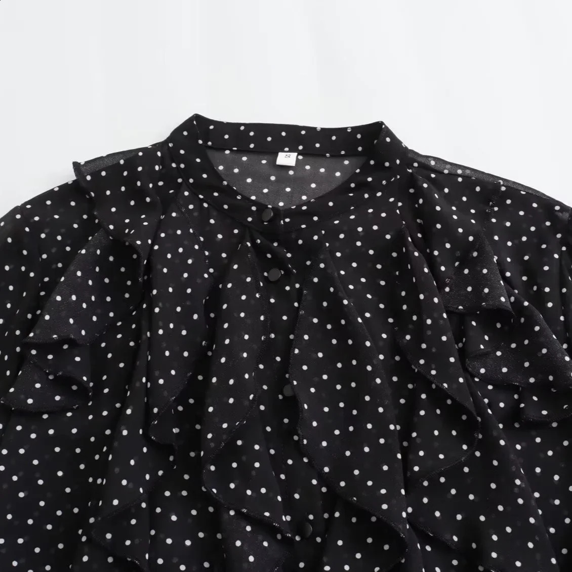 ZBZA Womens Layered n Polka Dot Print Shirt Long Sleeve Stand Collar Single Breasted Top Spring and Summer Chic Shirt 250421