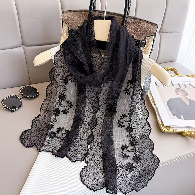 T543 Korean lace long silk scarf female 2025 new spring and summer versatile atmosphere decorative scarf long scarf