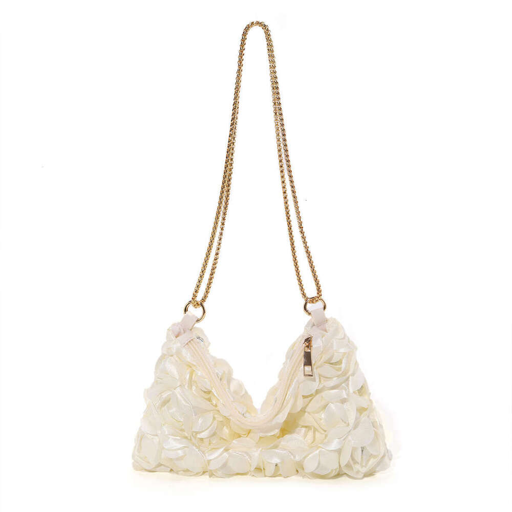 A Niche Three-Dimensional Rose Blossom Sequin Colored Ding Chain Zipper Underarm Crescent Shaped Women's Dinner Bag
