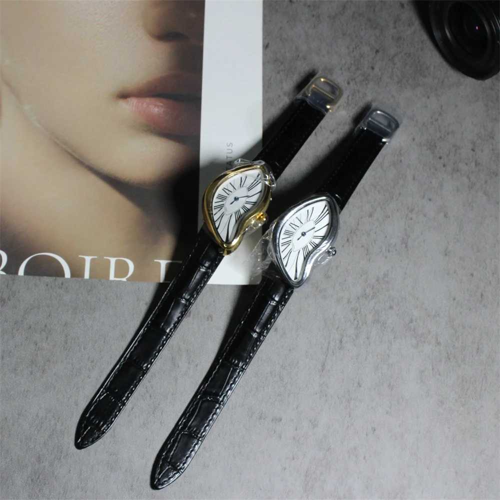 Medieval alien watches melt and twist Y2K alien ladies and mens leather strap fashion advances in niche design of quartz watches Z250422