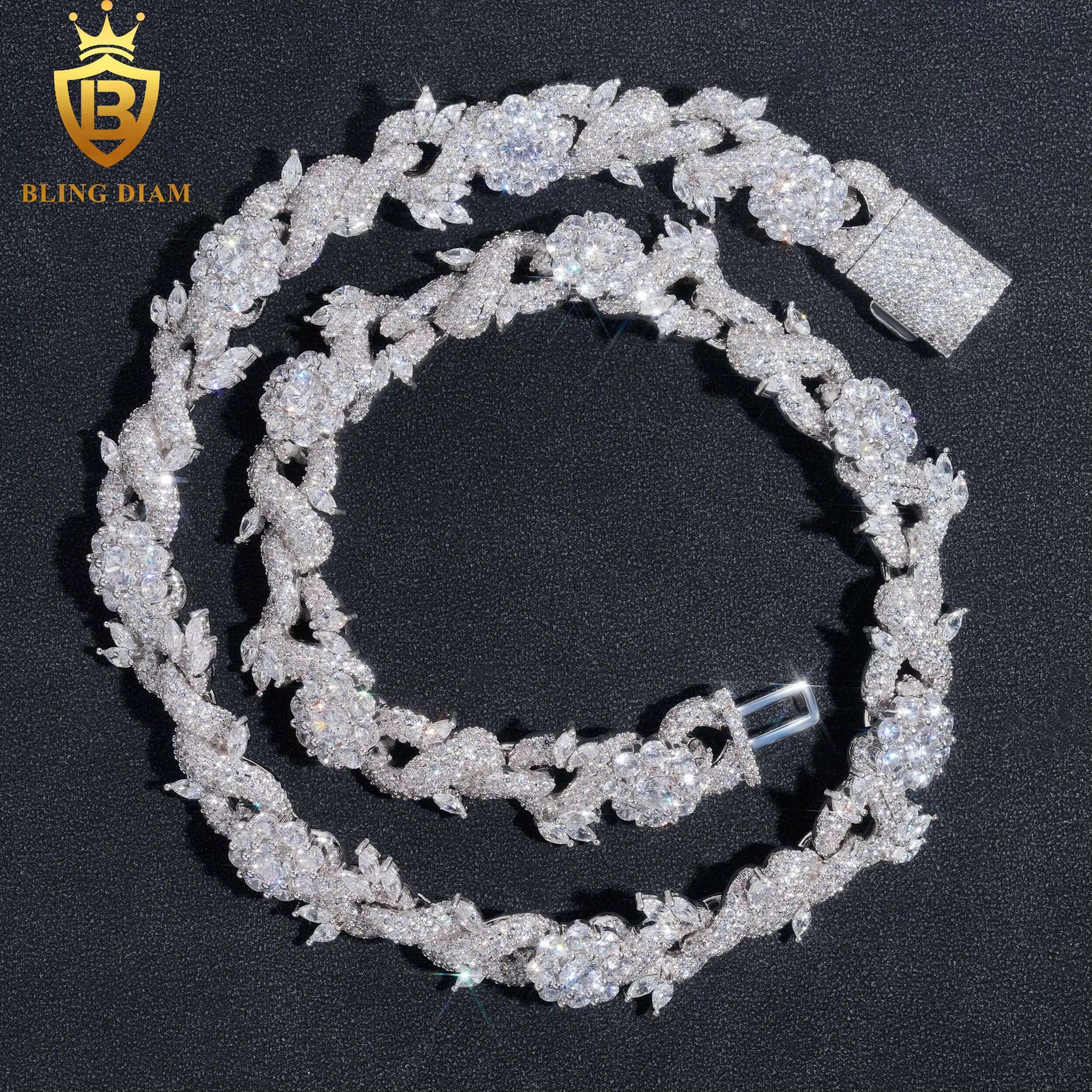 15mm Hip Hop Jewelry Cuban Link Chain Flower Fancy Shape VVS Moissanite 925 Silver for Men Bracelet Necklace