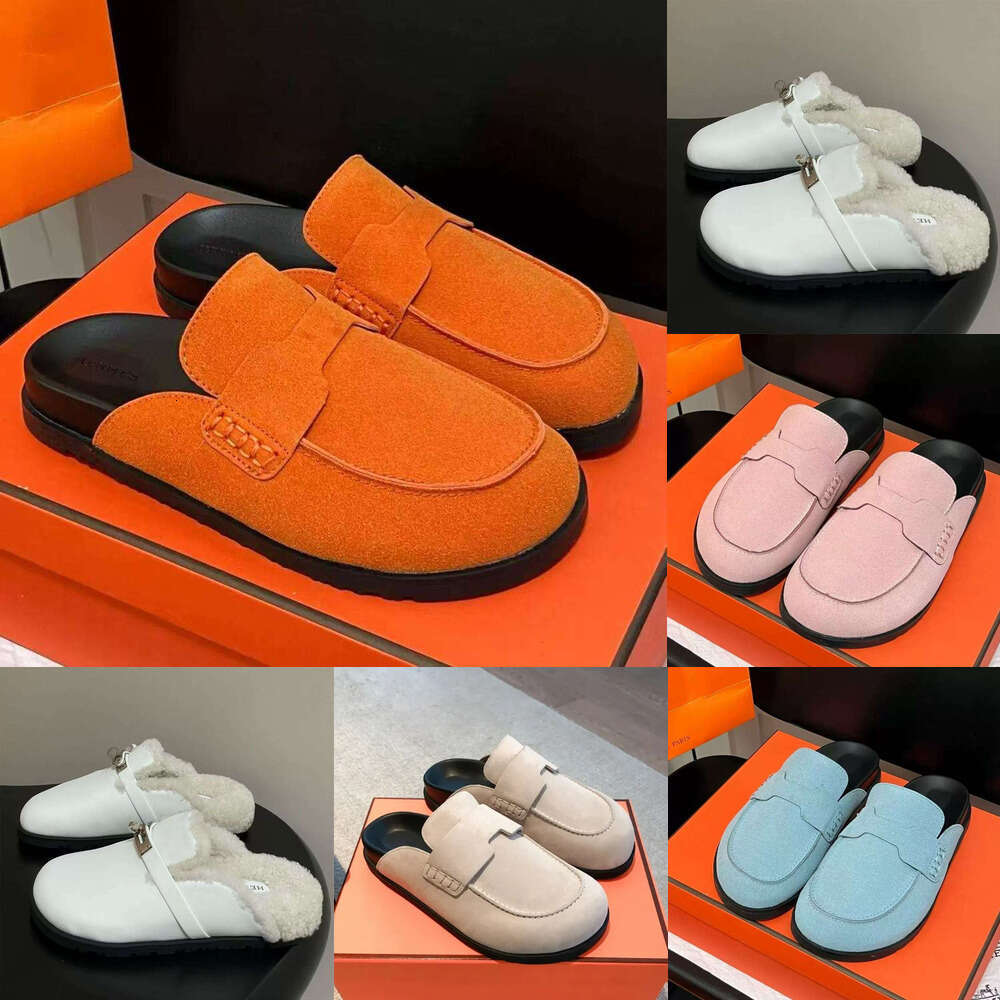 Designer shoe Luxury Mule slippers clog H slipper italian suede calfskin woman men flat beige indoor slide beach sandals chamois casual boken jiuytwool slippers