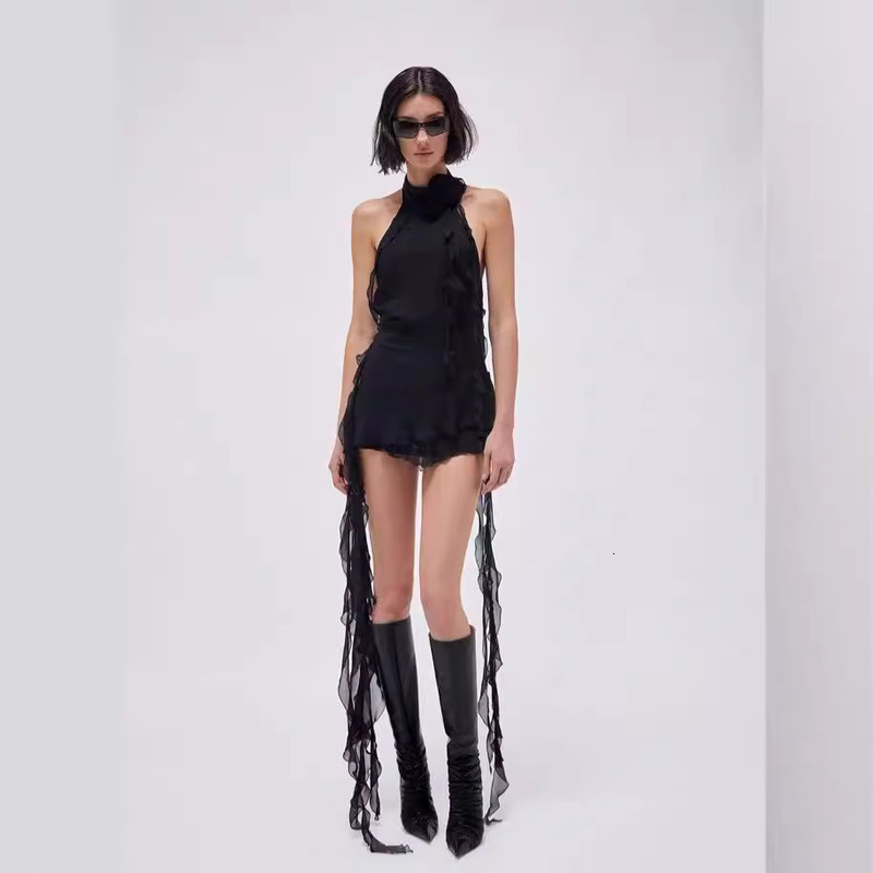 The Same Style As The Current Runway Show Blum Rine Irregular Lotus Leaf Three-Dimensional Rose Neck Hanging Ribbon Dress For Women